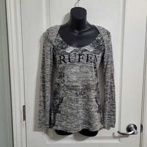 Vintage Y2K Rufen Gothic Grunge Graphic Heathered Grey Long-Slvd Tops Sz Small
